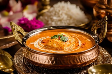 Creamy paneer makhani indian curry served in traditional copper bowl ultra hd photo