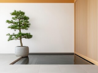 Japanese villa with a central koi pond, tatami flooring, and a naturally flowing layout