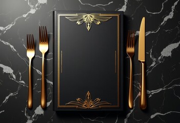 Elegant restaurant menu mockup with gold accents, dark marble background, soft studio light