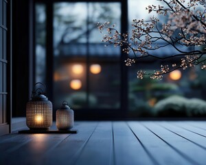 Tranquil, softly illuminated Japanese house with paper lanterns and an intimate, warm atmosphere