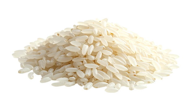 A detailed macro shot of a pile of raw white rice grains, a staple food ingredient for cooking, isolated on a clean, empty surface with a transparent background for easy compositing.