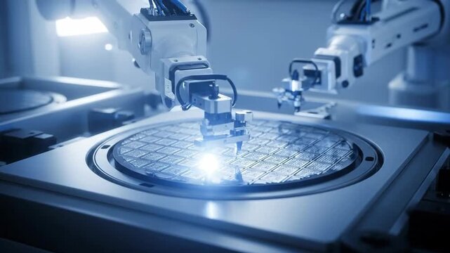 Automated robotic arms precisely handling a silicon wafer in a clean manufacturing environment.