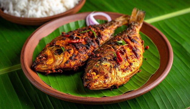 Kerala Karimeen Pollichathu. Traditional Indian Food
