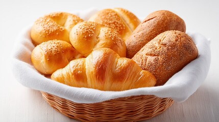 Golden Crusts: A tempting assortment of freshly baked bread and pastries nestles within a rustic basket, promising a delightful culinary experience.