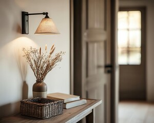 Subtle and elegant traditional home with delicate wooden details, earthy textures, and warm lighting