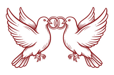 Obraz premium Wedding Dove Illustration with Interlocked Rings, Romantic Love Bird Symbol Artwork for Marriage Invitations and Designs