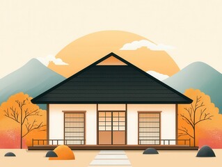 Traditional Japanese house with a thatched roof, low wooden furniture, and a peaceful ambiance