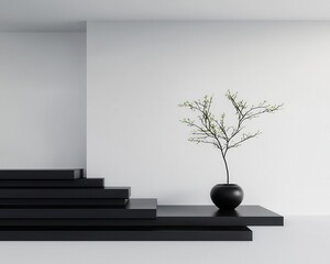 Monochrome minimalist Japanese home with subtle wabisabi details, stone textures, and organic shapes