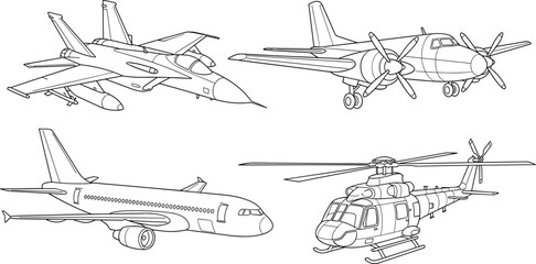 Aircraft line art set featuring fighter jet, passenger airplane, propeller aircraft and helicopter drawings for aviation design, aerospace illustration, engineering reference and aircraft artwork © Hello World