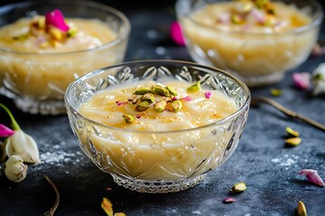 Creamy indian sweet dessert in glass bowl ultra hd photo
