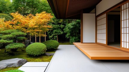 Traditional Japanese residence with a covered veranda, bamboo fencing, and a private zen retreat