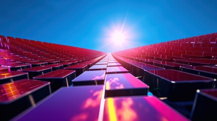 Abstract Digital Landscape with Glowing Rectangles and Bright Sun.