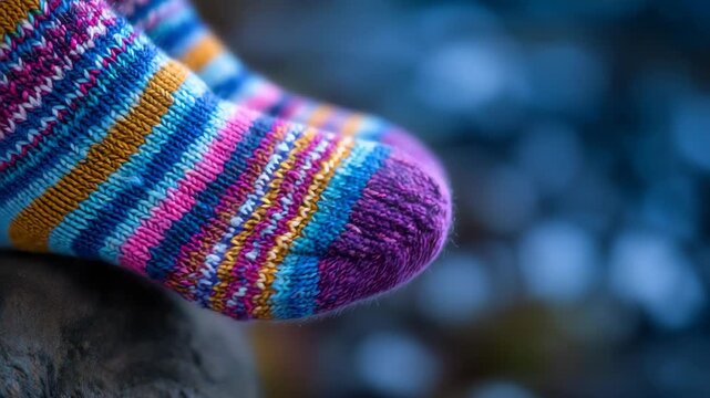 Detailed close-up of sock fabric surface, colorful yarns and knit patterns visible, smooth lighting and shallow depth of field, fashion product texture backdrop