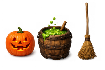 Halloween elements including a carved pumpkin, a magical bubbling potion in a rustic barrel, and a classic broom. Transparent background