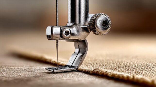 Macro close-up of a sewing machine needle and presser foot stitching natural beige linen fabric, showcasing intricate details of the sewing process with visible thread and fabric texture