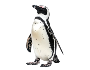A standing penguin against a black background, with black and white feathers