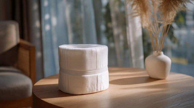 An informative brochure about adult diapers displayed next to a sample product, detailing key benefits like odor control and comfort, creating a clear understanding of why choosing the right adult