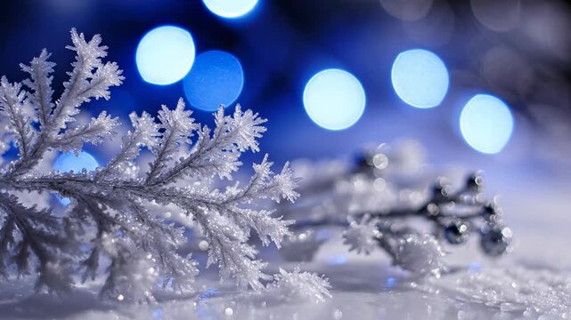 Frosty Embellishments:  A close-up view unveils a serene tableau of frosted winter embellishments, creating a festive atmosphere with glistening textures and soft, dreamy bokeh lights. 