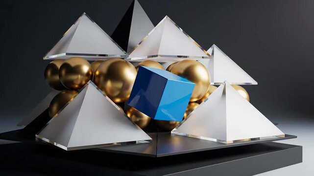 Geometric composition with golden spheres and blue cube