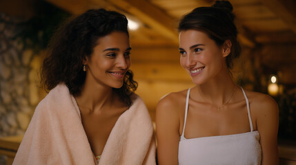 Two friends in towels laughing and chatting in the tranquil atmosphere of a sauna, showcasing the social aspect of wellness retreats and the importance of relaxation for overall health. cinematic