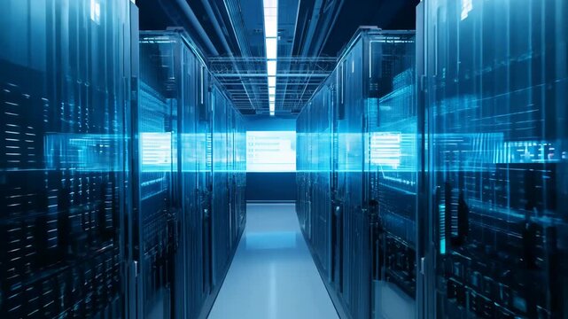 A modern data center corridor featuring advanced server racks enveloped in futuristic blue lighting. the symmetrical layout highlights cutting-edge technology, emphasizing efficiency and high-performa