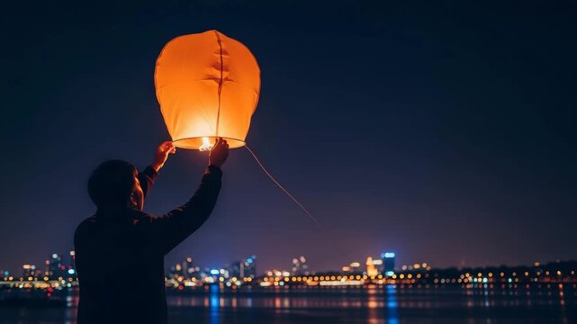 Man releasing a glowing lantern into the night sky by the river  