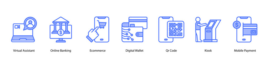 Obraz premium Digital Commerce Tools web banner icon vector illustration featuring Virtual Assistant, Online Banking, E-commerce, Digital Wallet, Qr Code, Kiosk, and Mobile Payment.