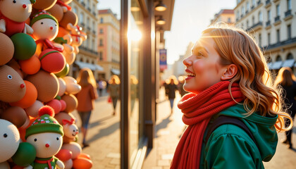 Delighted young woman enjoying festive toy display on busy street, holiday joy