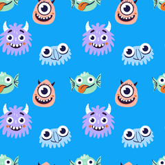 Obraz premium Seamless blue pattern with cute cartoon monsters and funny fish characters. Bright flat vector illustration perfect for kids products, textiles, wallpapers, apps, games and playful branding