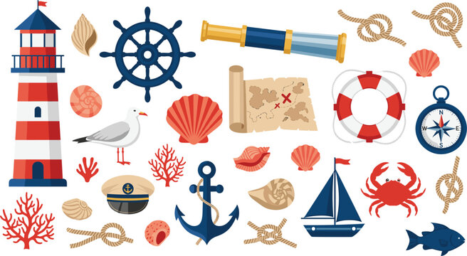Nautical and Marine Icons Set Illustration with Lighthouse, Anchor, Ship and Sea Elements Flat Vector