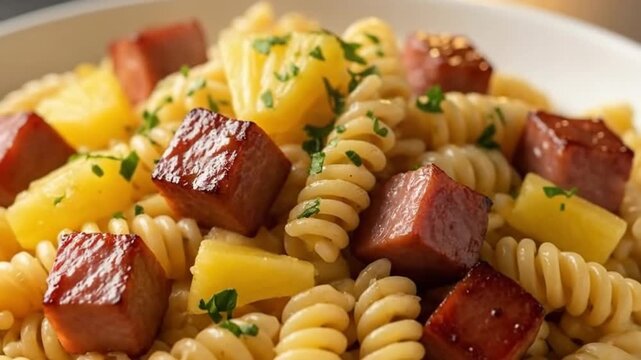 Delicious spiral pasta dish with pineapple chunks and ham cubes served in bowl.