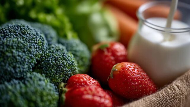 Macro-style close-up of grocery bag contents, vibrant fresh produce and dairy staples arranged naturally, shallow depth of field, wholesome food and wellness theme