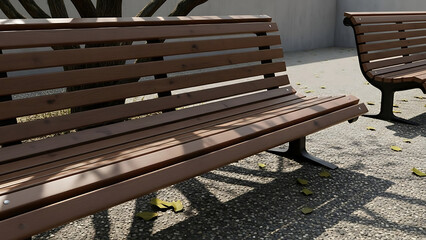 Fototapeta premium Brown wooden park benches in outdoor seating area with gravel ground and sunlight - Ai Generated