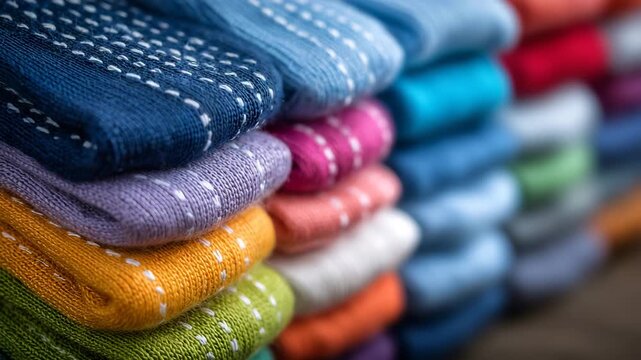 Macro-style close-up of stacked socks in multiple bright colors, fine fabric weave and stitching in sharp focus, clean background composition for apparel product advertising