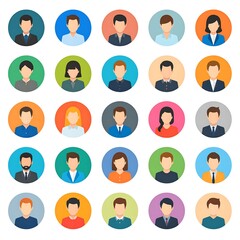 Collection of diverse, flat-style circular portraits representing various individuals, each in a unique outfit and hair style