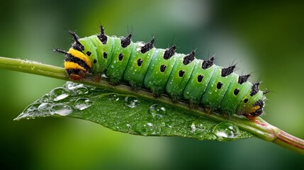 Fototapeta premium Close-up of a vibrant green caterpillar with black and yellow markings resting on a leaf, surrounded by droplets of water, against a soft green background with natural lighting
