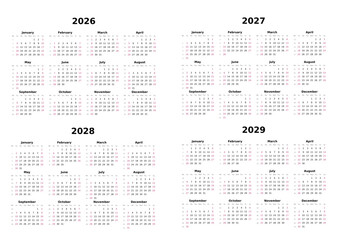 Kalender 2026 bis 2029 mit Wochenz&auml;hlung, englisch, erster Wochentag ist Sonntag, Querformat