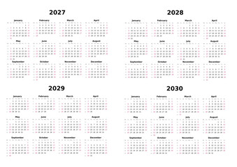 Kalender 2027 bis 2030 mit Wochenz&auml;hlung, englisch, erster Wochentag ist Sonntag, Querformat