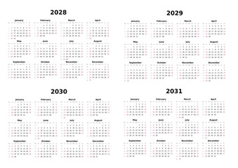 Kalender 2028 bis 2031 mit Wochenz&auml;hlung, englisch, erster Wochentag ist Sonntag, Querformat