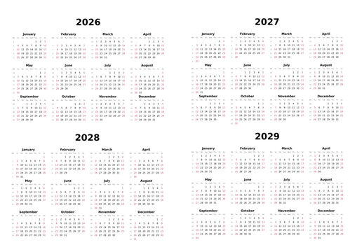 Kalender 2026 bis 2029 mit Wochenz&auml;hlung, englisch, erster Wochentag ist Sonntag, Querformat