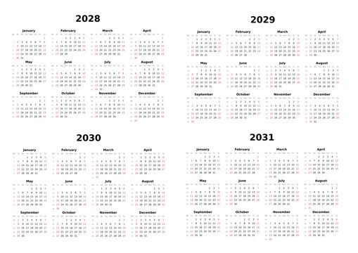 Kalender 2028 bis 2031 mit Wochenz&auml;hlung, englisch, erster Wochentag ist Sonntag, Querformat