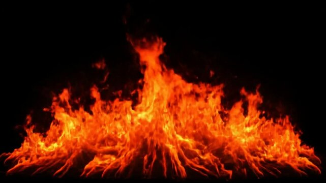 Intense fire burning fiercely with flames rising high against a dark background viewed from a frontal perspective