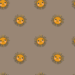 Seamless cute sun pattern on a warm neutral background. Smiling cartoon suns in a flat vector style, perfect for kids textiles, nursery decor, modern wallpapers, stationery and cheerful surface design