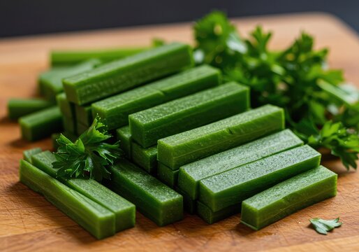 Close up of vibrant green fresh flat leaf parsley carefully sliced into thick uniform baton shapes for culinary preparation ,healthy ,fresh ingredient ,food prep
