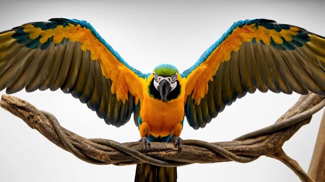 Macaw's Grand Presentation: A vibrant macaw perches majestically, its expansive wings fully outstretched in a stunning display of color and form.