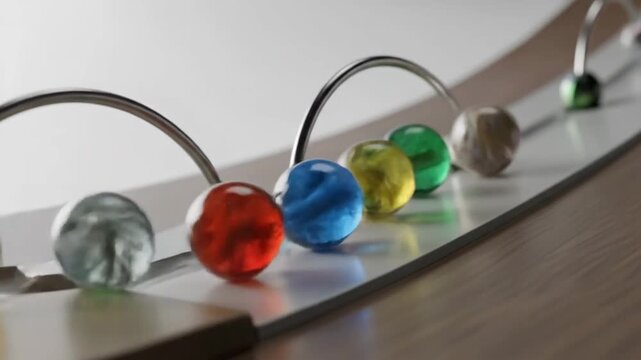 Dynamic arrangement of colorful glass marbles rolling along a llic track, showcasing motion.