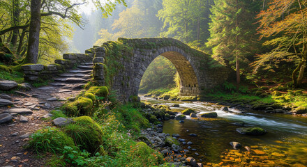 Ancient stone bridge covered in green moss spanning across a clear flowing river in a magical sunlit forest during autumn with warm golden light