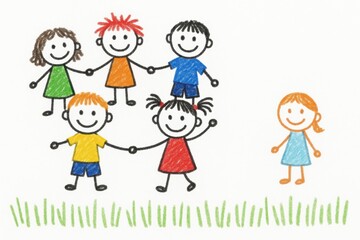 Childlike crayon drawing of a joyful group of kids holding hands while another child stands nearby with a friendly smile
