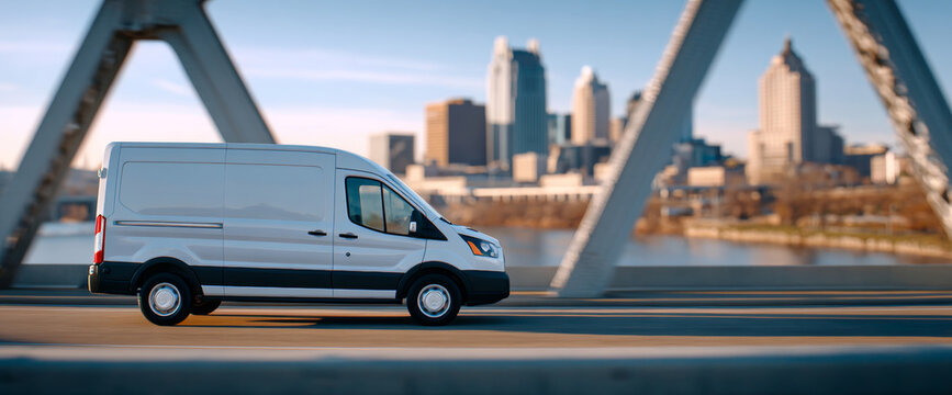 White cargo van driving on urban bridge with city skyline in background during daytime