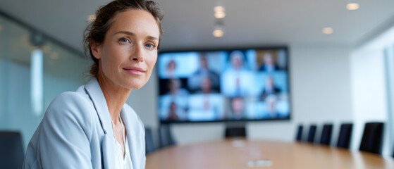 Confident businesswoman in light blazer sitting in modern conference room with virtual meeting on screen in background